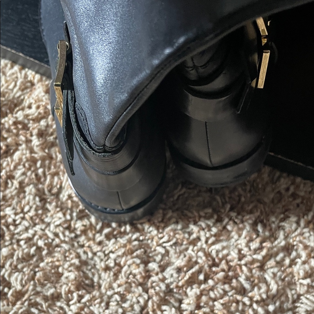 Rachel Zoe Black Leather Riding Buckle Boots with Tan Trim - Picture 8 of 11